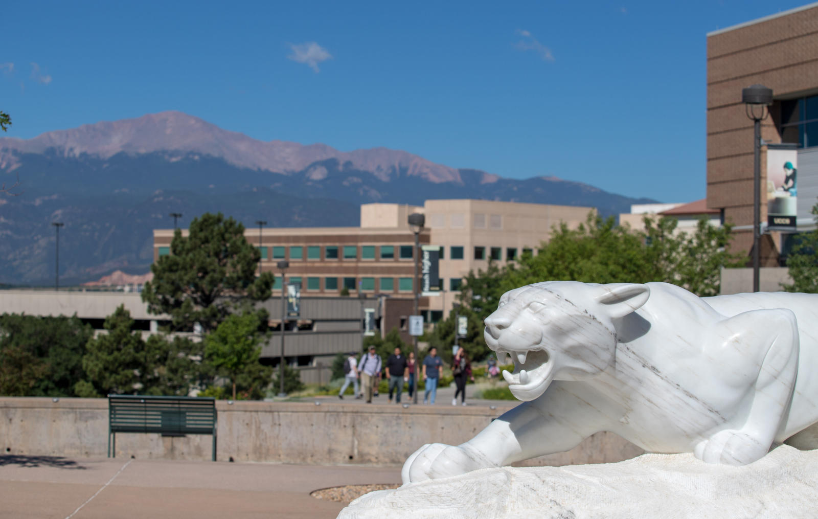 UCCS campus with a mountain lion sculpture in the foreground